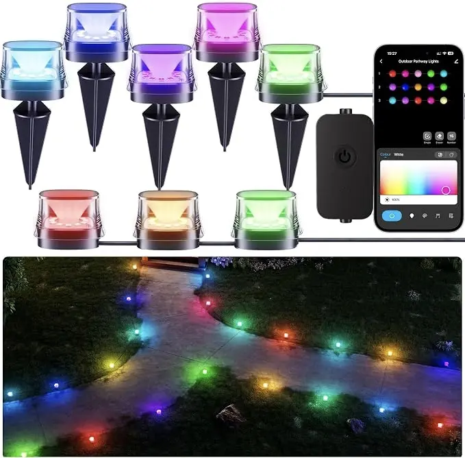 SummerVibes 50ft Smart RGBCW LED Pathway Lights 15-Pack Mothersdaygift IP67 Waterproof for Yard Patio Party Decor Compatible with Alexa Google Assistant