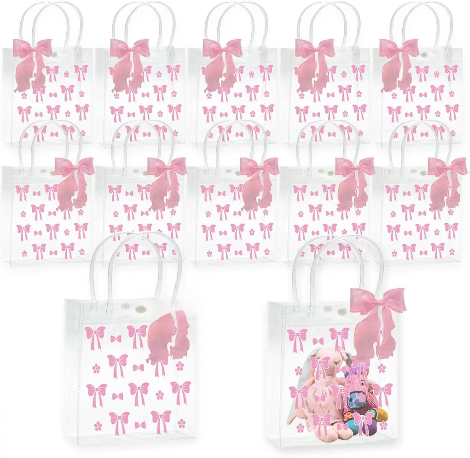 10-Piece Pink Coquette Bow Clear PVC Gift Bags with Ribbon Handles - Versatile Treat Totes for Weddings, Birthdays, Men's Gifts, Christmas Wrap, Candle Packaging