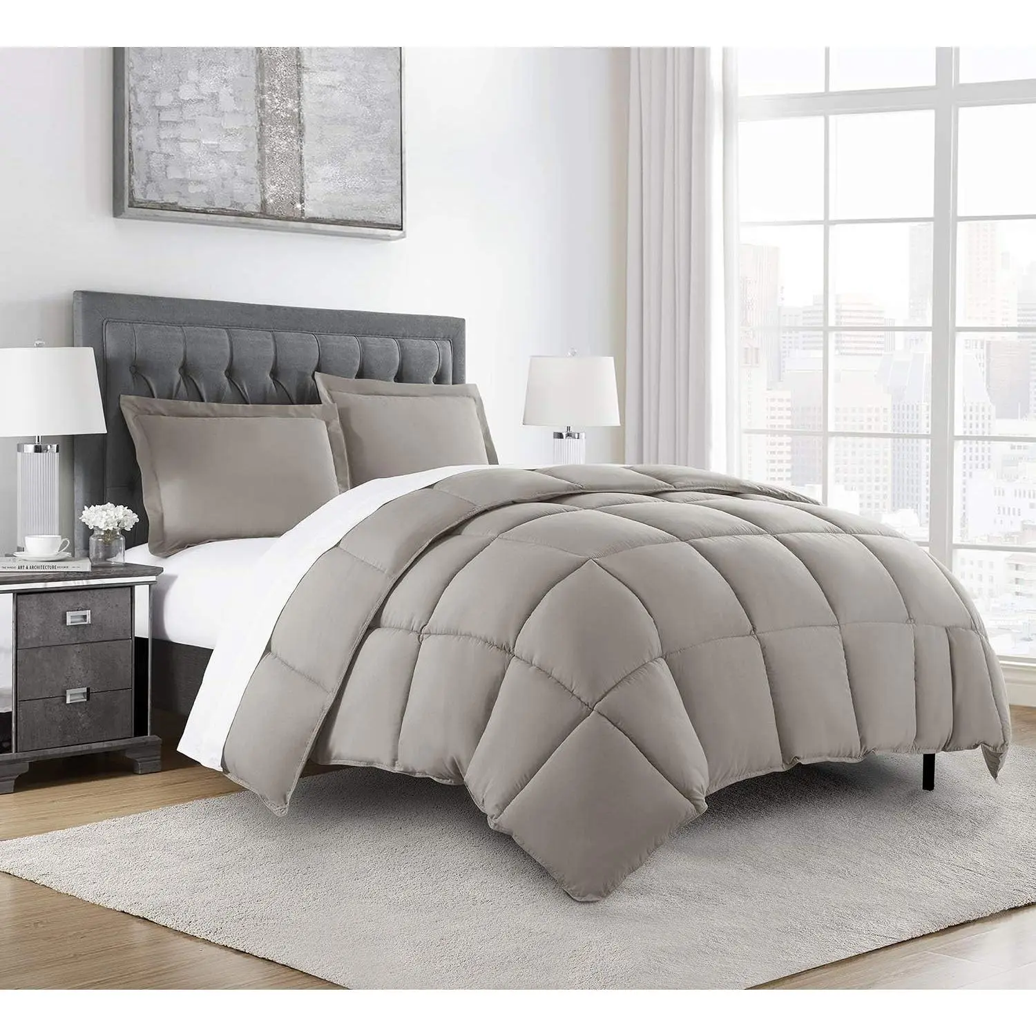 Queen Size 3-Down Alternative Comforter - Wrinkle Resistant, Fade Resistant, All Seasons, Luxurious Brushed Microfiber Bedding, Contemporary, Lightweight, Machine Washable, Corner Tabs for Duvet Insert (Taupe), Bedroom Decor, Set Includes, Year Round