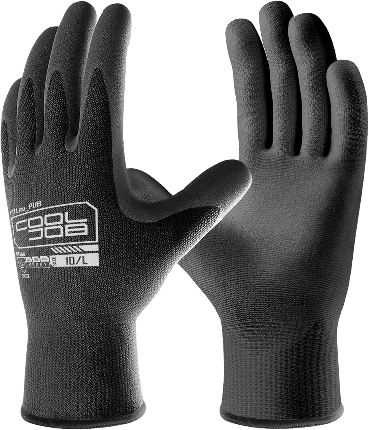 COOLJOB Bulk Protective Work Gloves (12/60 Pairs Packaging), 13-Gauge Seamless Knit, PU Coated Grip, Breathable Lightweight, Elastic Band Cuff, Stretch Fit Multipurpose Grip Gloves for Warehouse Tasks, Black Large, Work Gloves With Grip