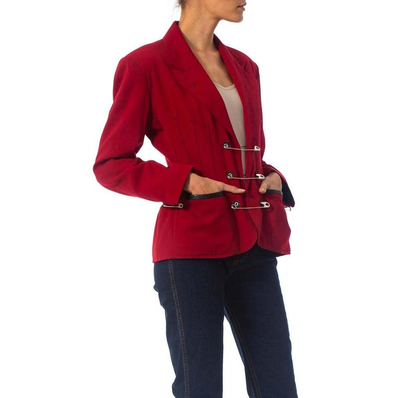 1980S JEAN PAUL GAULTIER Red Wool Very Rare Jacket With Leather And Oversized Safety Pin Details