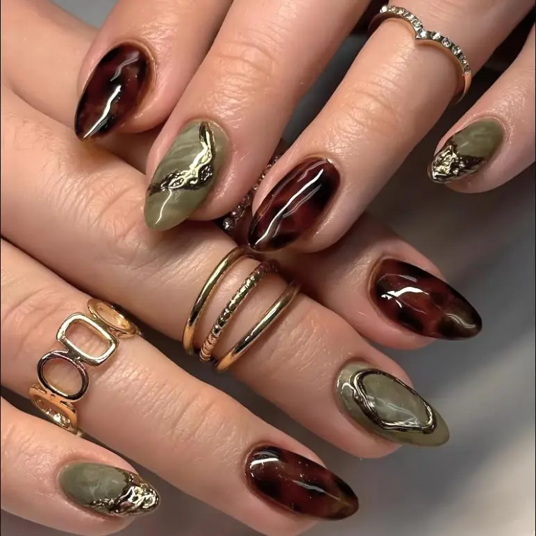 S171 Nailed by Vibe -Handmade Elegant Press On Nails, Brown Tortoise Shell & Olive Green Marble Design, Chic Custom Nail , Halloween Nail Set, Gift For Her