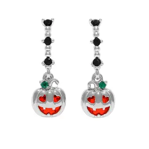 Black Crystal Lined Dangling Pumpkin Hoop Earrings - Pair