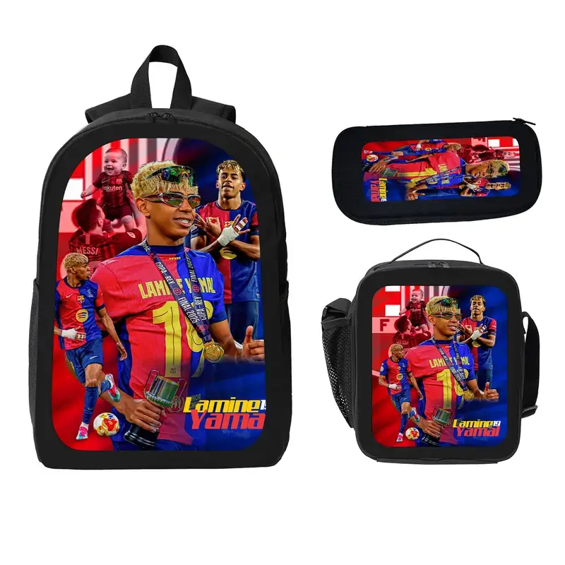 LAMINE YAMAL 3-Pcs School Set for Kids, Large Capacity Water Resistant Backpack with Insulated Lunch Bag & Pencil Case, Travel Daypack for Elementary-Middle School b-38