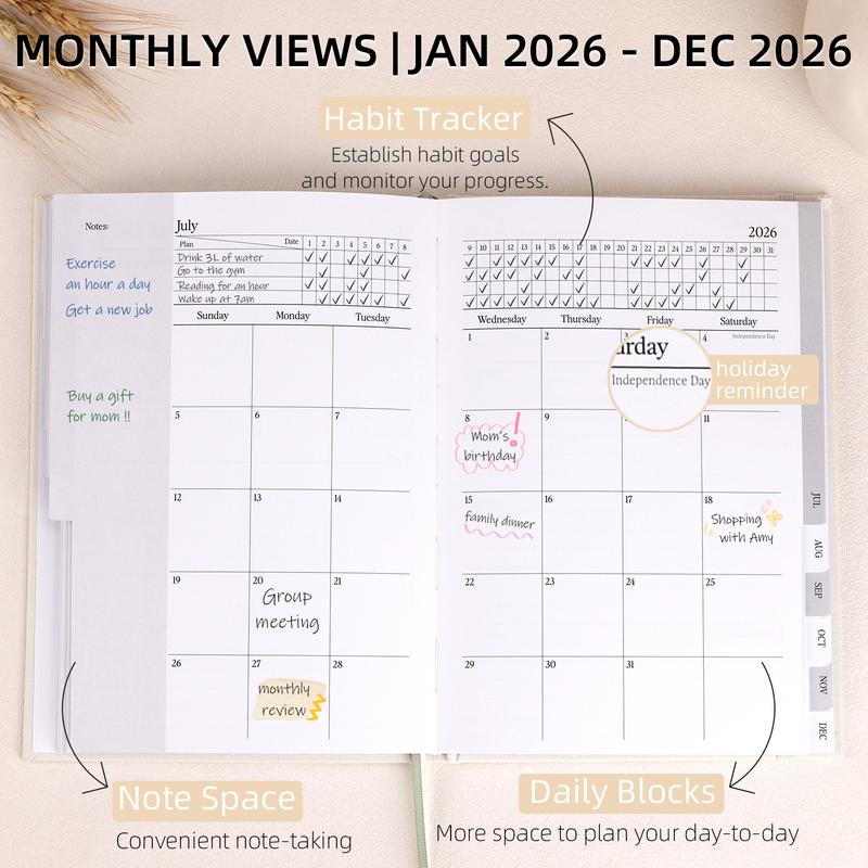 2026 Planner - Weekly and Monthly Productivity Planner, Jan 2026 - Dec 2026, Linen Hardcover Planning Agenda book with Tabs, Aesthetic, Academic, Perfect for Office Home School Supplies