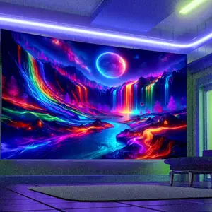 Mountain & River & Waterfall Pattern Tapestry, 1 Count UV Reactive Black Light Tapestry, Fantasy Space Planet Moon Phase Tapestry for Bedroom Living Room Home Decoration