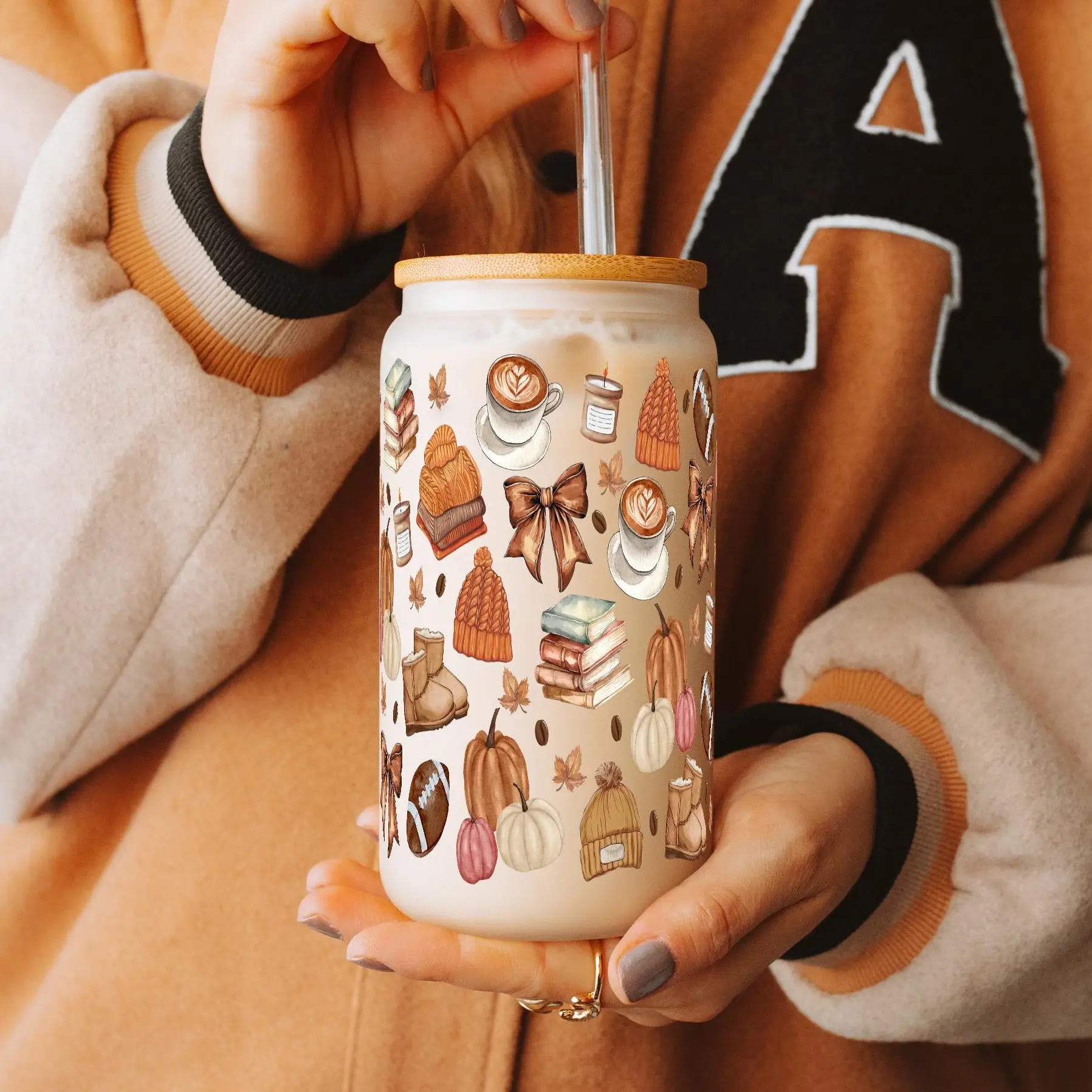 Sip-Sip Hooray! 16oz Fall Collection Glass Cup – Pumpkin Spice Iced Coffee Tumbler with Lid & Straw, 2024 Autumn Drinkware, Cute Fall Aesthetic Cup