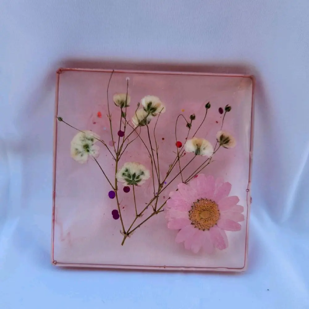 Hand Crafted Epoxy Resin Coaster Set with Spring Time Flowers Pink Base & Pressed Floral Design Tableware