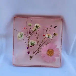 Hand Crafted Epoxy Resin Coaster Set with Spring Time Flowers Pink Base & Pressed Floral Design Tableware