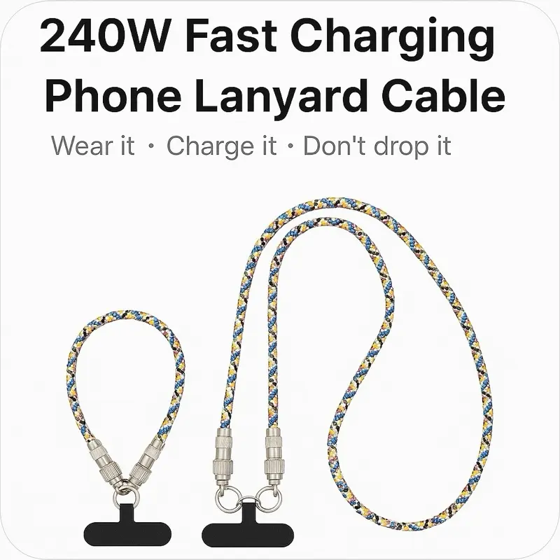 Rainbow 240W, Fast Charging, Phone Lanyard, Cable, Crossbody & Bracelet, USB-C Smartphone Cellphone, Crossbody, Short Strap