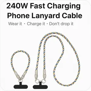 Rainbow 240W, Fast Charging, Phone Lanyard, Cable, Crossbody & Bracelet, USB-C Smartphone Cellphone, Crossbody, Short Strap