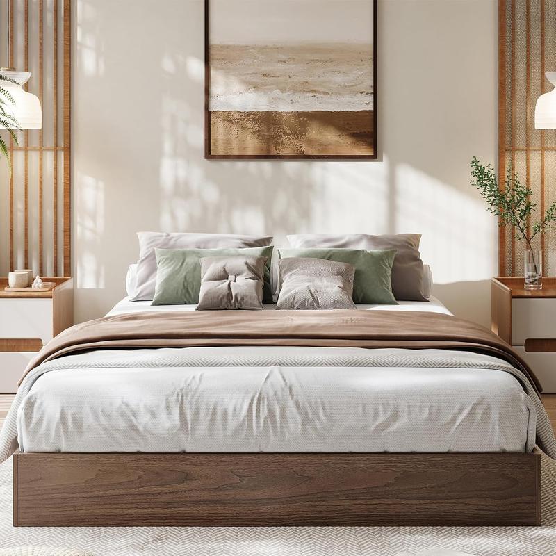 California King Size Wood Platform Bed Frame,Wooden Bed Frame Without Headboard,Floor-Standing Bed Frame,Wood Slat Support,No Box Spring Needed,Easy Assembly,Walnut Wood