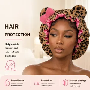 Cute Leopard Bear Ear Plush Hair Bonnet with Pink Bow, Ruffled Trim Satin Lined Sleep Cap for Women, Anti‑Frizz Hair Protection Night Hat, Soft Elastic Headwear for Curly Hair Sleeping Daily Beauty Use Shower