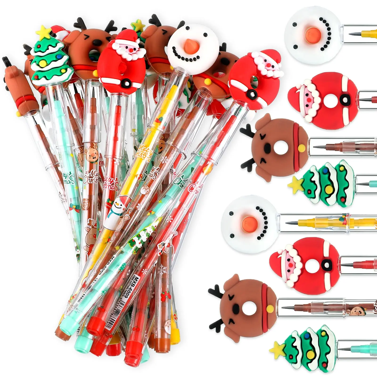 Christmas Pencils Bulk for Students, Christmas Party Favors Push Stackable Pencils with Topper, Santa Claus Snowman Elk Xmas Tree, Classroom Rewards Christmas Stocking Stuffer School Party Exchange Goodie Bag Stuffers for Kindergarten Elementary Coworker