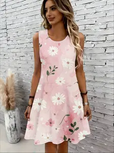 Women's round neck sleeveless dress Pink Floral Daisy Pattern Print Dress print light and breathable fresh and sweet style leisure vacation, date outfit beach elegant summer new spring-summer