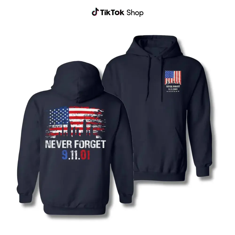 Never Forget 9/11 Memorial Hoodie - T-Shirt - Sweatshirt, American Flag Skyline Graphic Pullover, Vintage Streetwear Hoodie For Firefighters And Patriots, September 11th Tribute Gift Apparel