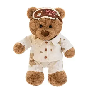 Good Night Teddy Bear Plush, Cute Pajama Stuffed Bear with Sleep Mask, Soft Brown Bear Doll Gift for Kids & Girls
