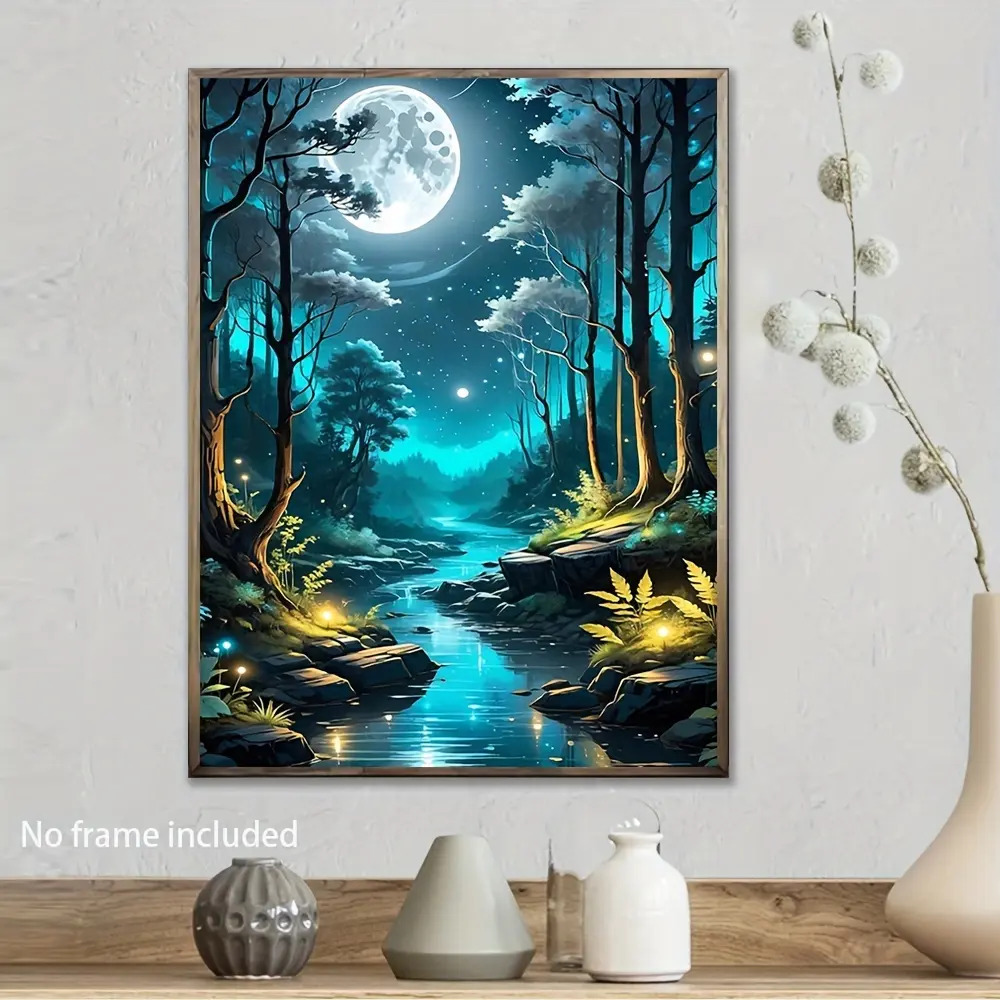 Mystical Moonlit Forest Scenery Art - Luminous Trees and River Landscape Canvas Print - Abstract Oil Painting Poster - Glowing Wall Art Decor for Bedroom, Dining Room, Garage, Cafe, Bar - Frameless Magical Night View - For Art Lovers Artistic Ornaments