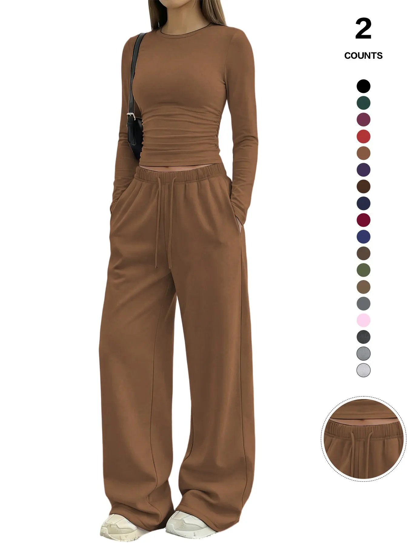 Women's Solid Ruched Drawstring Loungewear Set, Casual Long Sleeve Round Neck Top & Pocket Wide Leg Trousers, Spring Summer Sleepwear Pajama Set Women's Solid Ruched Drawstring Loungewear Set, Casual Long Sleeve Round Neck Top & Pocket Wide Leg Trousers, Spring Summer Sleepwear Pajama Set