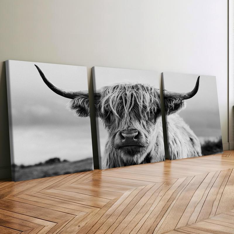 3Pcs Wooden Framed Canvas Painting, Black And White Highland Cow Portrait, Exquisite Poster, Home Decoration, Pattern Wall Art Decor, For Living Room, Bedroom, Office, Restaurant, Bar Wall Decor, Odorless, Painting, Print Artwork.