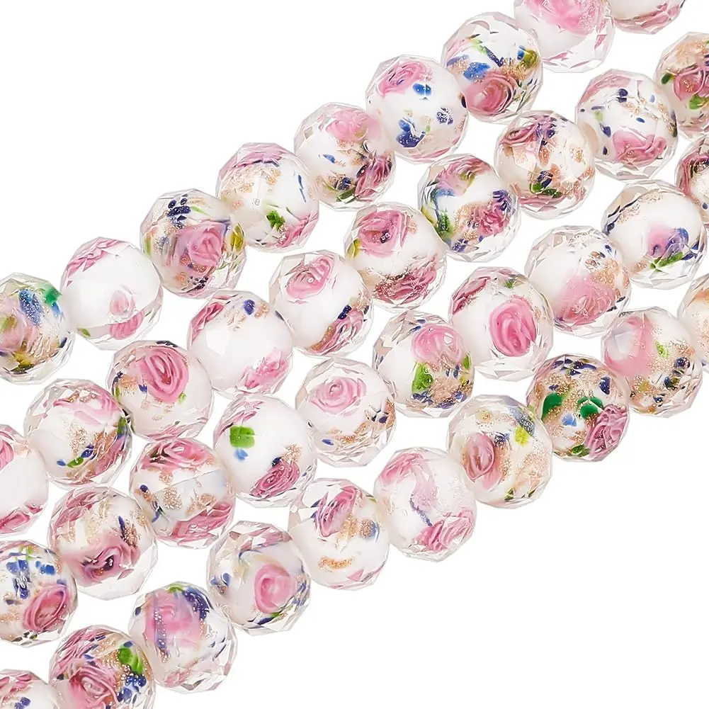 SQ-HDJ083 60pcs 9~10mm Rose Lampwork Beads Gold Sand Glass Beads Handmade Flower Glass Beads Round Loose Beads for Rosary Making Jewelry Craft Making with 1.5~2mm Hole - White