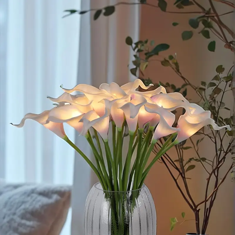 20pcs Artificial Calla Lily Bouquet Lamp Faux Floarl Night Light Real Touch Flower Night Lamp LED Calla Lily Artificial Flower Light for Christmas Gifts Home Kitchen Decor(Whitepurple)