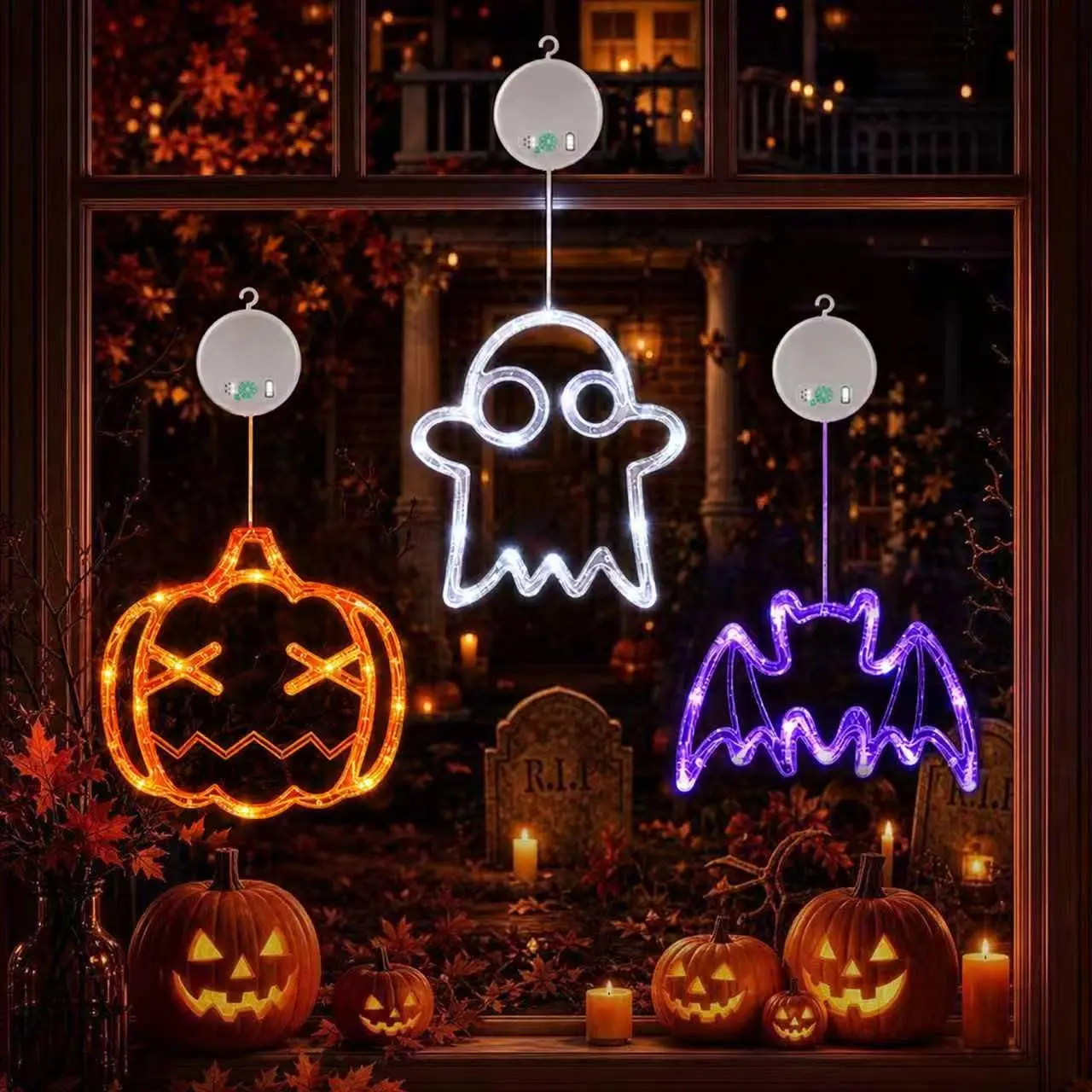 Halloween Window Lights, 3 Pack Pumpkin, Ghost, Bat Lights | Halloween Window Decorations, Orange, White, Purple Battery Operated, Suction Cup, 8 Flashing Modes, Timer, Indoor Lights