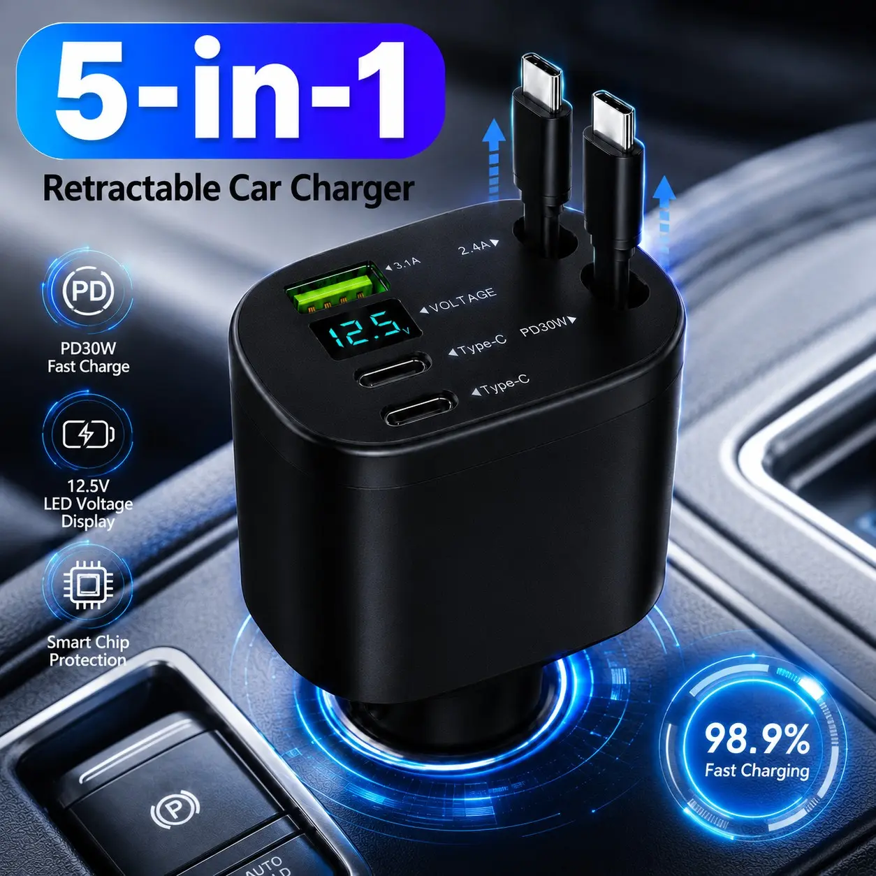 5-in-1 Car Charger Adapter,Retractable Car Phone Charger with PD 30W Fast Charging,Dual Type-C Retractable Cables,USB-A Port,LED Voltage Display for iPhone Android Tablets