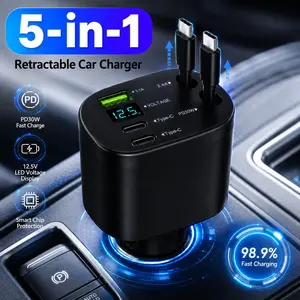 5-in-1 Car Charger Adapter,Retractable Car Phone Charger with PD 30W Fast Charging,Dual Type-C Retractable Cables,USB-A Port,LED Voltage Display for iPhone Android Tablets