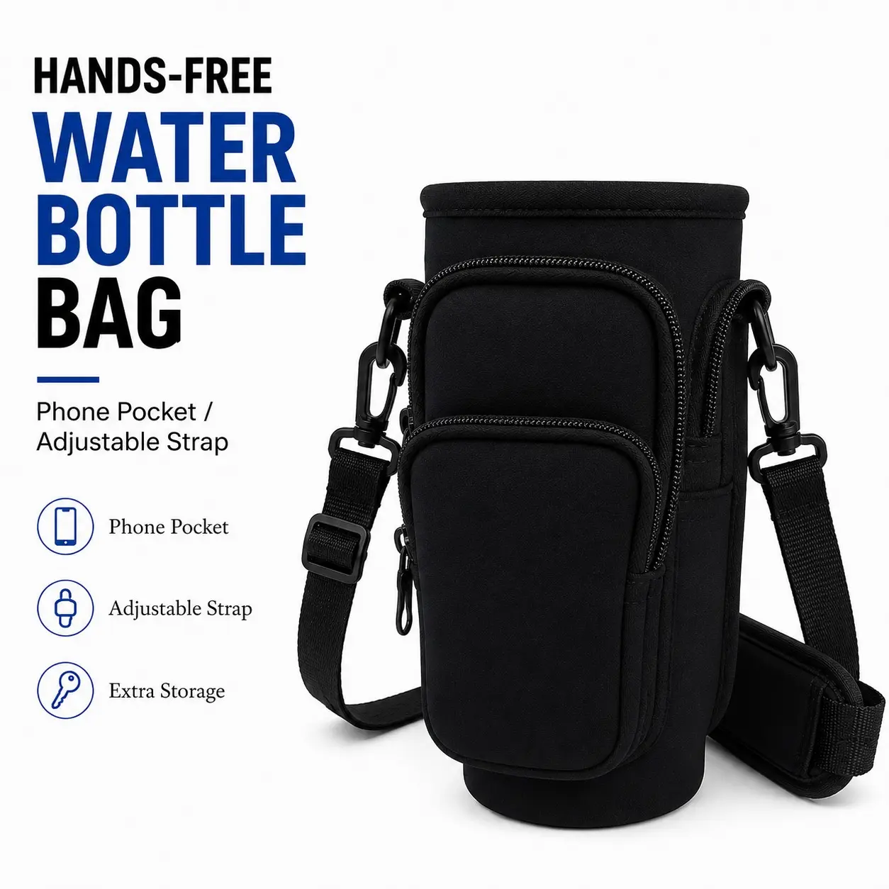 Water Bottle Carrier with Phone Pocket, Adjustable Strap for Gym, Travel & Walking, Drink Carrier with Handle, Tumbler Carrier, Bottle Holder, Tumbler Accessories