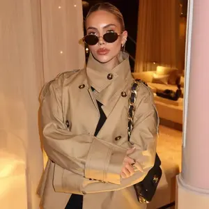 European and American women's clothing new spring and autumn short trench coat top the to buttoned jacket de sue faux High Denim Vintage