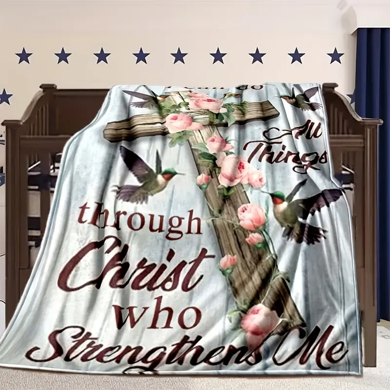 Floral Wood Grain Cross Hummingbird Bible Verse Faith Print Flannel Blanket 280GSM Soft Cozy Flannel Throw for Mother's Day Gift Home Decor