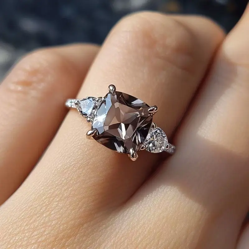 S925 Sterling Silver Smoky Quartz Ring for Women, Elegant 3 Carat Emerald Cut Gemstone with Halo Pave Band, 3 Carats, 3-Carat Natural Smoky Quartz