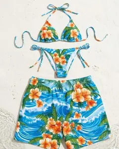 Matching Couple Tropical Swimwear – Teal Hibiscus Bikini & Board Shorts