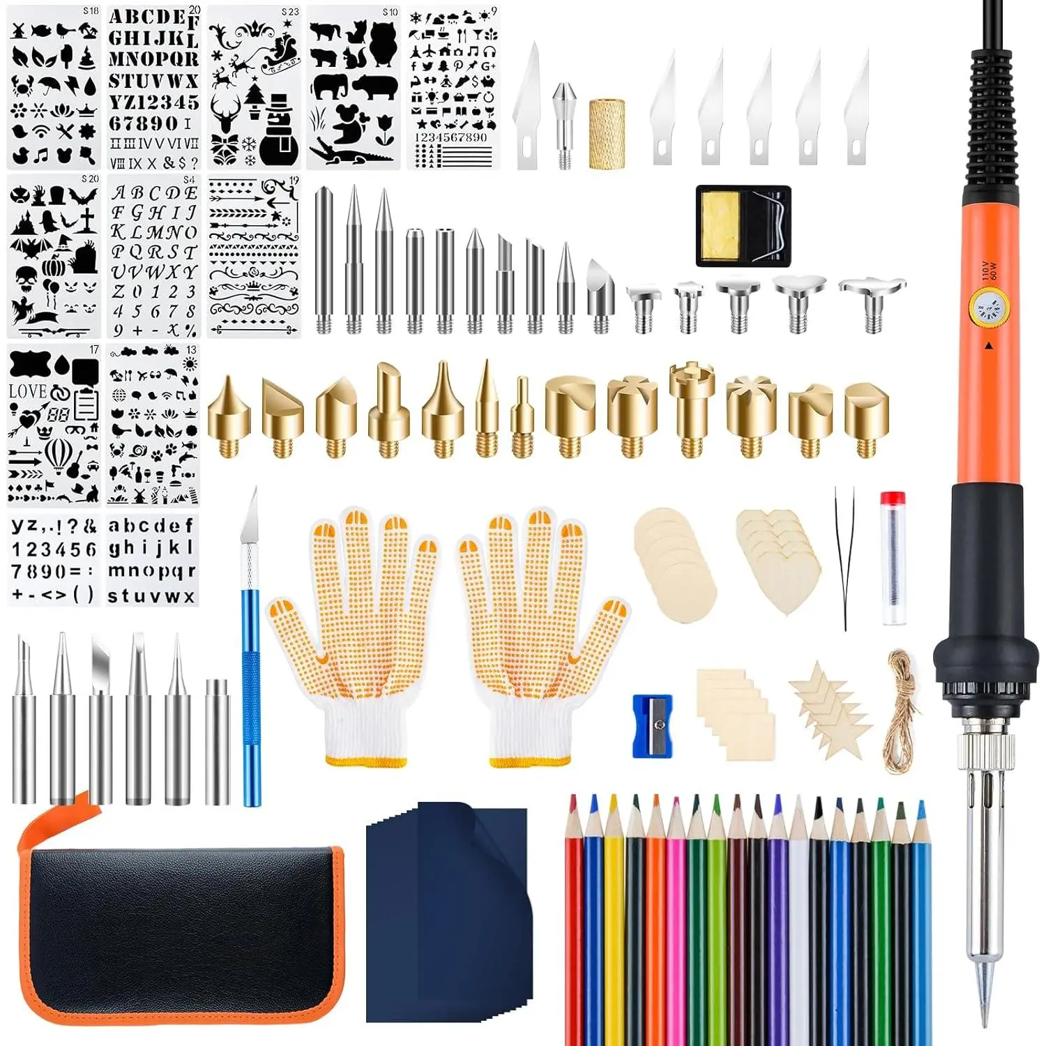 Kit for Adults with Gloves, 130 count   Pen Tool Set with Adjustable Temperature 200~450 ?C  Pyrography Pen Kit for Embossing Carving Soldering