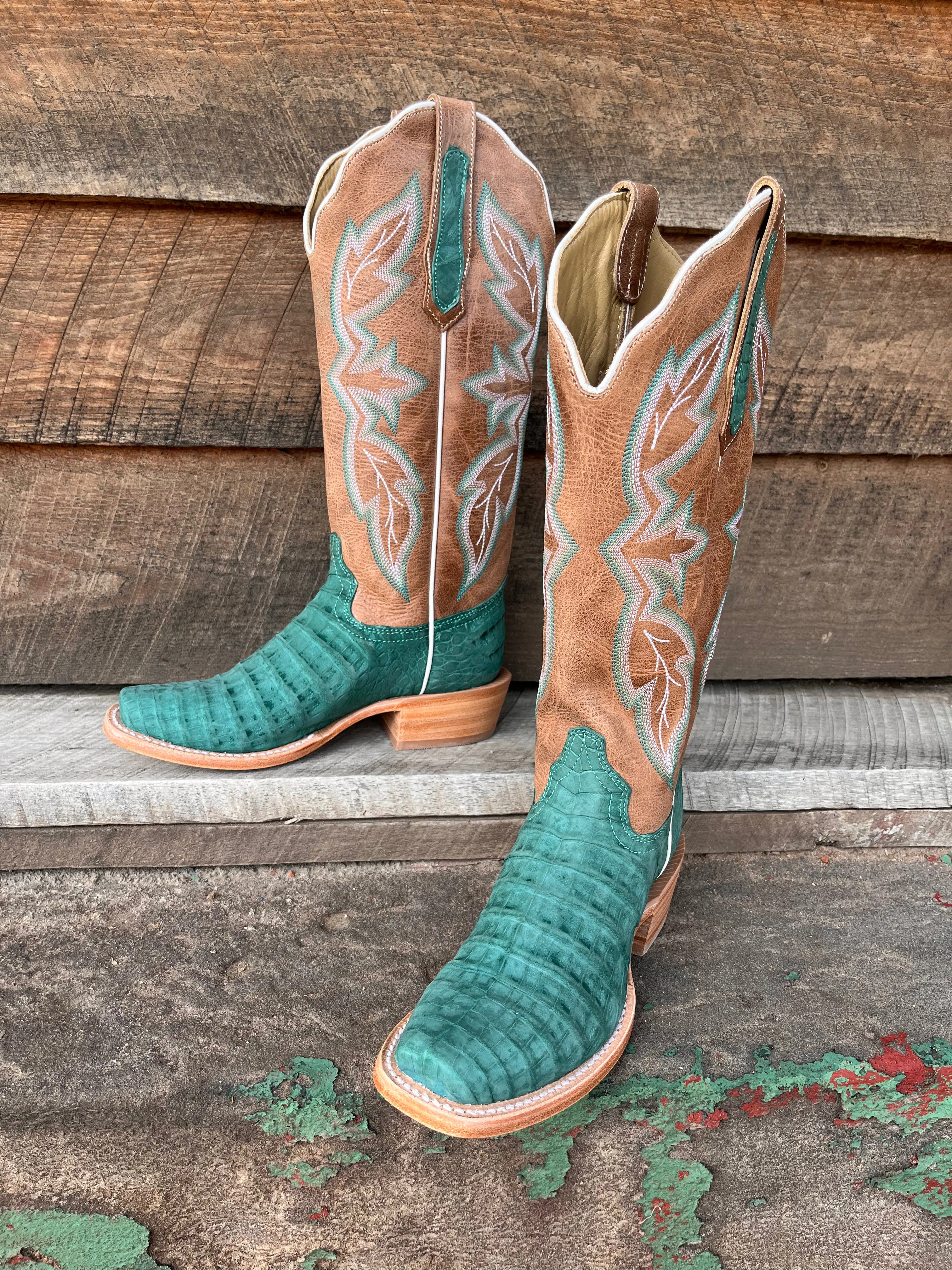 R. Watson Women's Nubuck Turquoise Caiman Belly Narrow Square Toe Cowgirl Boots RWL2011-1