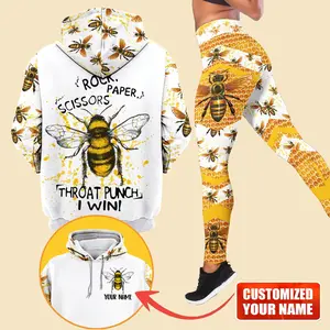 Honey Bee Rock Paper Scissors I Win Personalized Hoodie and Leggings Set, Custom Name Bee Print Outfit for Women, Cute Funny Sweatshirt and Athletic Leggings Combo