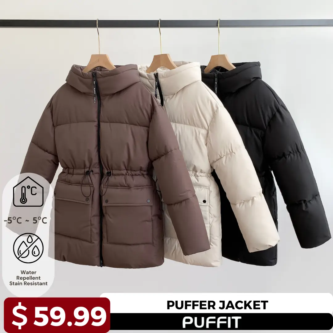 PUFFIT Women Mid Length Puffer Jacket Hood Winter, Mid Length Ladies Outwear Coat Big Pocket with Waist Drawcord #FallFreshness