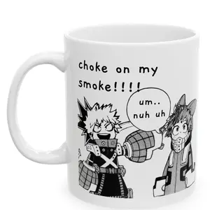 [Tokibearco Original Design] MHA Deku Bakugo Choke On My Smoke Funny Anime Fan Manga Kawaii Ceramic Mug 11Oz Reusable Washable Coffee Cup