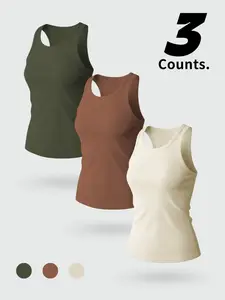 Women's Breathable Sleeveless Sports Tank Tops, Fitted Summer Casual Undershirt, 3 Piece Set, Plain Pattern, Comfortable and Versatile