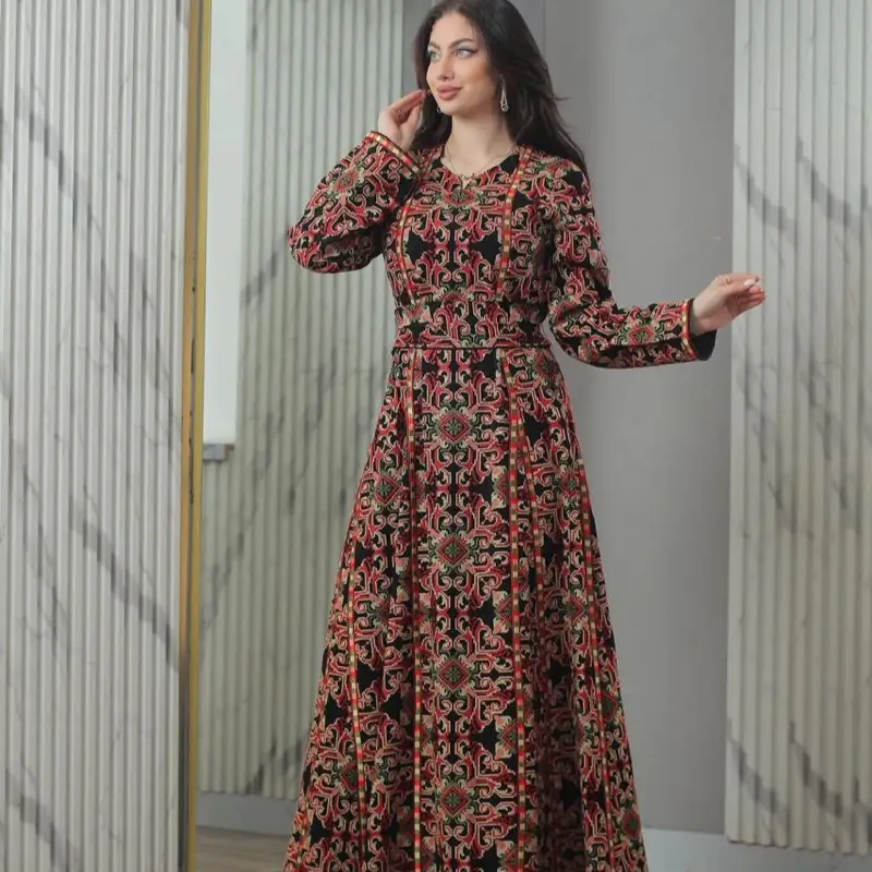 Women Palestinian Embroidered Thobe Full TATREEZ Traditional Long Sleeves Womenswear Dress Casual