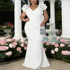Women's Maxi Dress Elegant V-Neck Ruffle Sleeves Bodycon Mermaid Dresses Evening Gown in White for Special Occasions sexy retro style