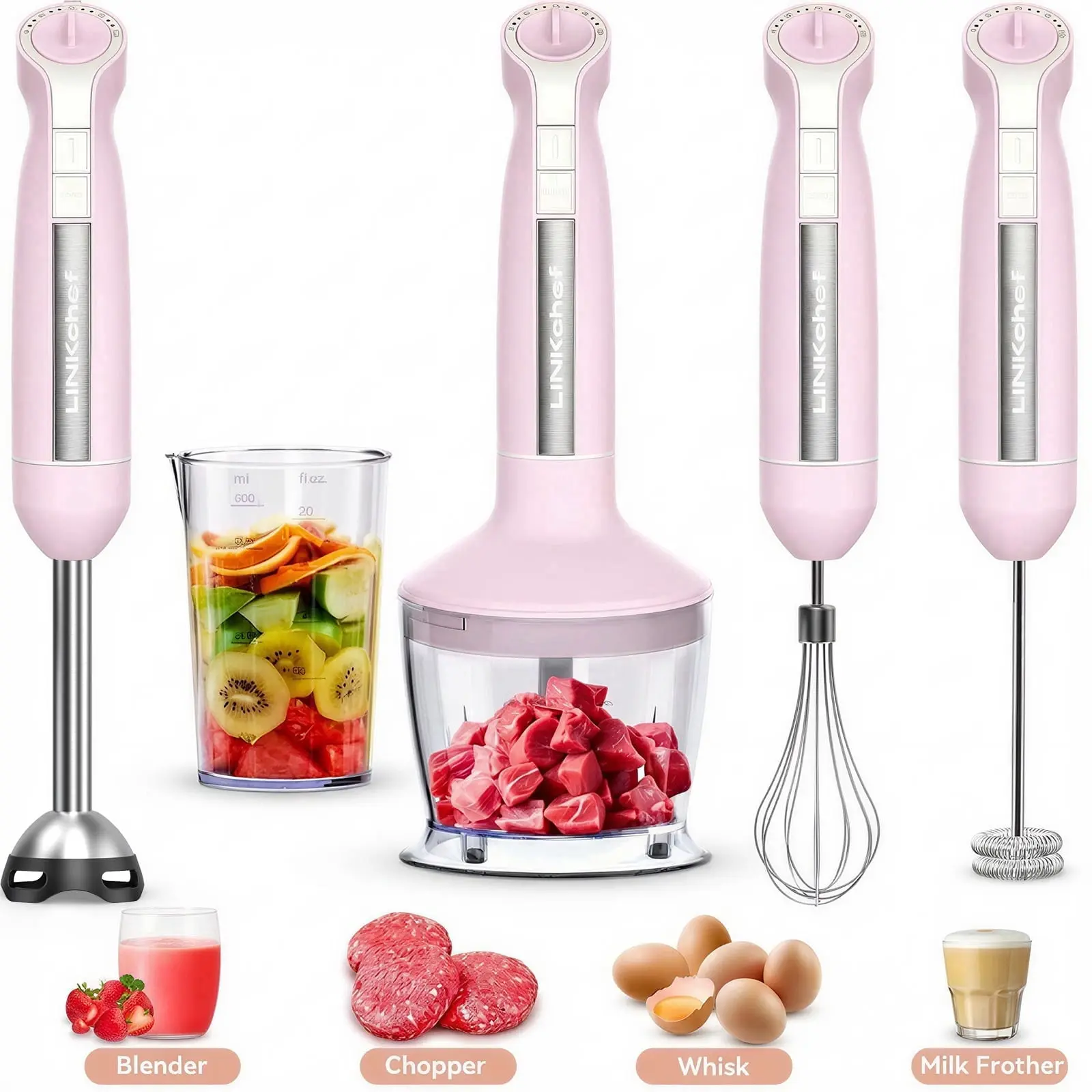LINKChef Immersion Blender, 1000W 20-Speed 5-in-1 Immersion Hand Blender with Turbo Mode, Scratch-Resistant Stick Blender for Baby Food Processor & Chopper (pink）