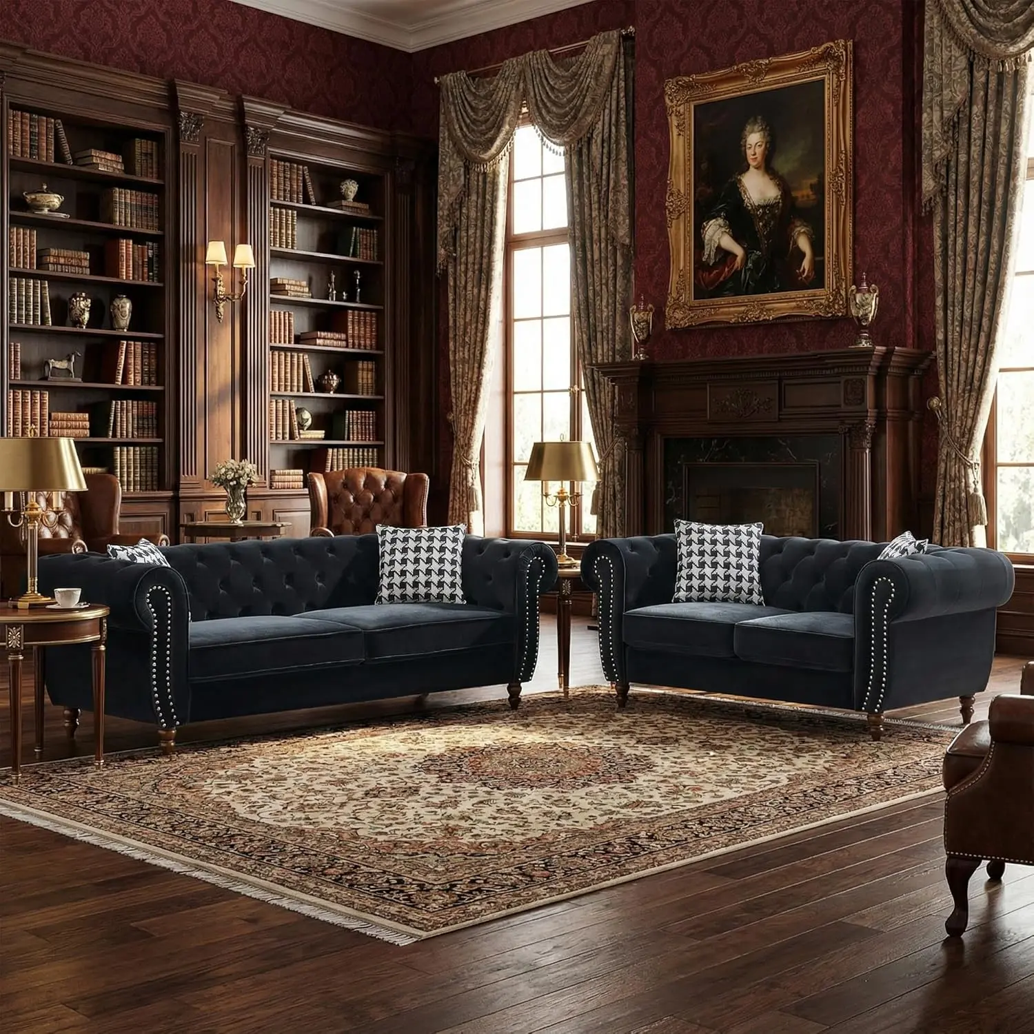 Modular Velvet Fabric Chesterfield Sofa Couch Set (2-Piece 3+2 Seater), Mid-Century Modern 5-Seater with Roll Armrest, Nailhead Trim, Button Tufted Deep Seats, Comfy Sleeper Sofa Bed for Apartment Living Room, Easy Setup