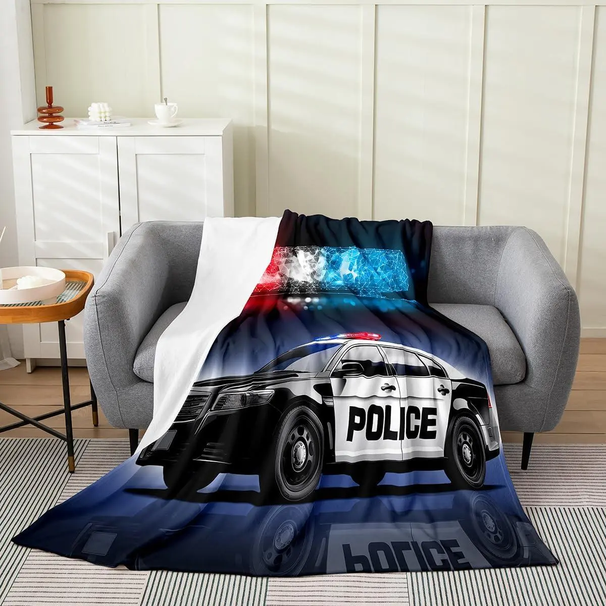 Police Car Blanket for Kids Child ,Policeman Vehicle Throw Blanket 40x50,Red Blue Cop Lights Fleece Blanket Sofa Bed Couch Decor,Geometric Cartoon Car Flannel Blanket