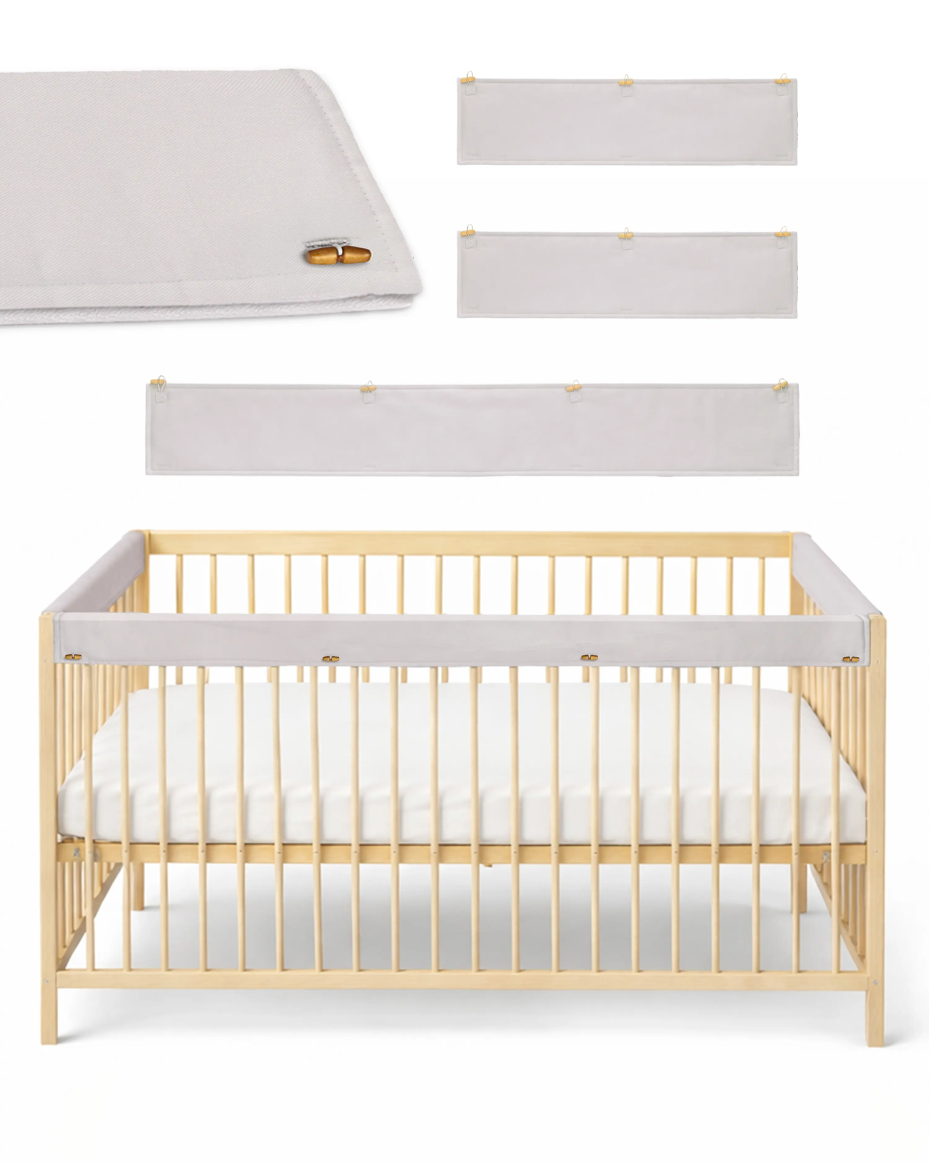 Unisex 3-Piece Light Grey Mesh Home Organizer Hooks & Rails Set, 51 × 7 In, Wooden Horn Button Fit, Breathable Baby-Friendly Cotton Covers, Quick Secure Installation, Machine-Washable, Nursery & Bedroom Decor Compatible