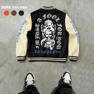 Men's Baseball Jacket Durable Wind-Resistant Black & Apricot Colorblock "I'm Just a Fool for You", Angel Boy, Love & Y2K Graphic Varsity Coat Vintage Retro Old-School Casual Sports SWAG Streetwear Light Fleece-Lined Winter Jacket Trendy Gift for Boyfriend