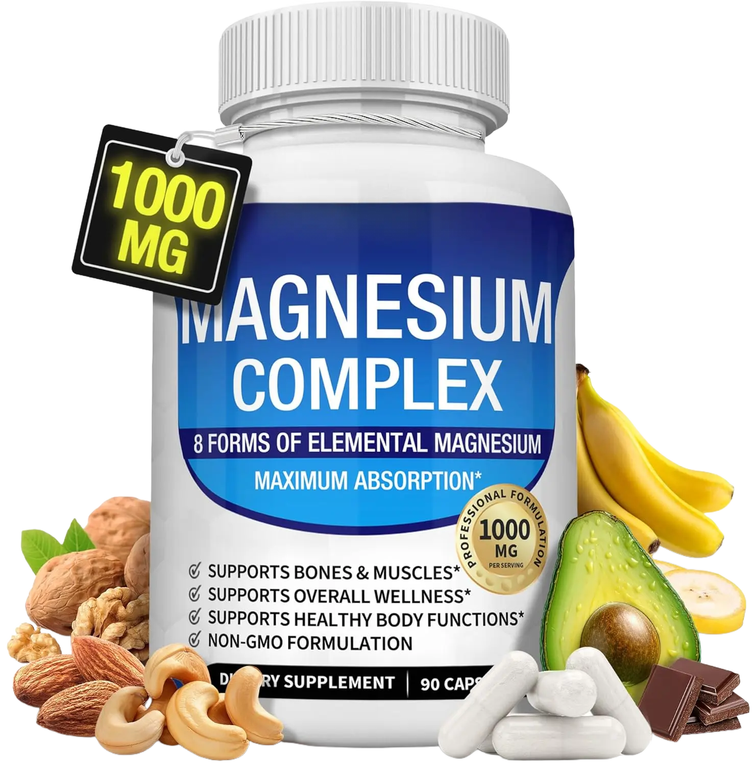 Magnesium Complex Supplement 8 Elemental 1000mg - Magnesium Glycinate, Citrate, Malate, Taurate, Chelated for Easy Absorption for Bones, Muscle, Recovery, Energy, Vegan Non-GMO 90 Capsules