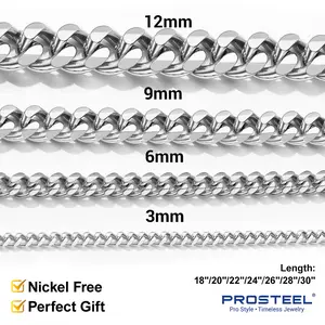 PROSTEEL Cuban Link Necklace Stainless Steel Miami Thick Chain Hip Hop Jewelry Length 14-30 inches Width 3/6/9/12mm Unisex For Men Women Gift Box