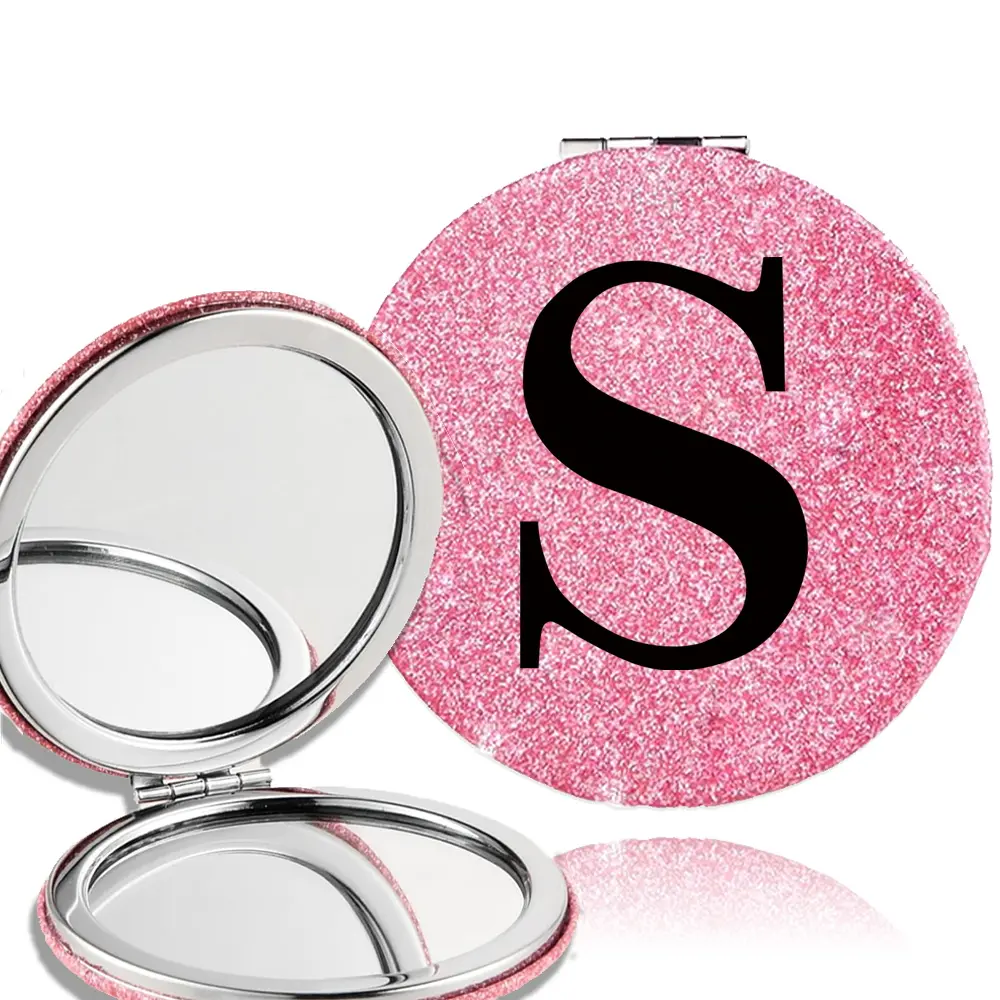 Student Double-Sided Makeup Mirror | Black Initial Name (26 Letters) | PU Leather Foldable Vanity Mirror | 1X/2X Magnification | Ideal Back to School for Classes, Dorms & Travel